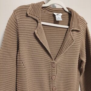 Talbots Women XL Tan Mercerized Cotton Ribbed Knit Button Front Cardigan Sweater